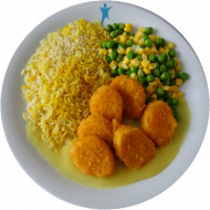 Vegan: Soja-Knuspernuggets (18), Currysoße (81), Erbsen-Mais-Gemüse, Kurkumareis
