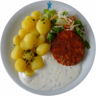 Karottenrösti (15,19,81,82,84,85), Kräuter-Quark-Dip (19), Petersilienkartoffeln (3), Vier-Jahreszeiten-Salat