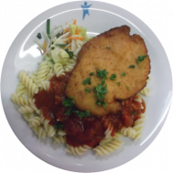 Hähnchenschnitzel 'Piccata' mit Parmesankruste an würziger Tomatensoße und Spirelli dazu Reibekäse (9,18,19,54,81)