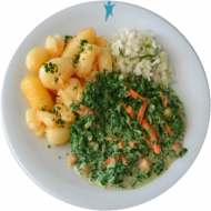 Vegan: Kichererbsencurry mit Spinat und frischen Möhren (3,18,81),dazu Schwenkkartoffeln und Weißkraut-Lauch-Salat