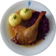 Weihnachtsessen Entenkeule (3,19,21,54), Rotkraut mit Speck (51) und grüne Klöße (2,3,24)