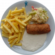 MENSALIEBLING: 'Hirtenrolle' mit Frischkäsefüllung (15,18,19,49,51,81) an Aioli-Dip (9,15,19,22,49,81) und Pommes frites dazu kleiner Weißkrautsalat mit Lauchröllchen