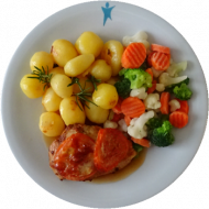 Hähnchenbrust „Tomate-Mozzarella“ (19,54), Soße (54,81),Gemüse, Rosmarinkart.(49)