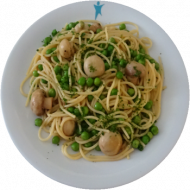Vegan: Limettenspaghetti mit Erbsen und Pilzen (73,81)