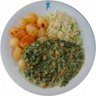 Vegan: Kichererbsencurry mit Spinat und Möhren (3,18,81), würzige Schwenkkartoffeln, Weißkraut-Porree-Salat