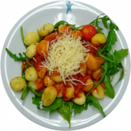 Vegetarische Gnocchi-Gemüse-Pfanne mit fruchtiger Tomatensoße dazu Reibekäse (1, 3, 15, 19, 21, 81) 