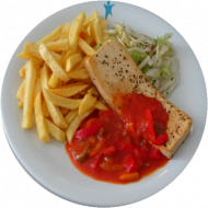 Vegan: Mediterran gebratenes Tofusteak (18,81) mit Letschosoße (81) und Pommes frites dazu Fitness-Salat