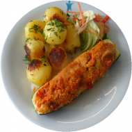 Vegan: Hausgemachte Zucchini 'Provence' (81), Kressesoße (81), Chili-Kräuter-Kartoffeln, Garnitur