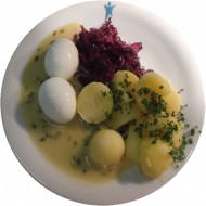 2 gekochte Ostereier mit feiner Senfsoße, Rotkrautsalat und Petersilienkartoffeln, dazu Dessert (9,15,19,22,81)