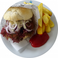 Vegan Fox Burger mit Avocado-Quinoa-Patty, Tomaten, Salat, Zwiebeln und Gurke (22,63,81,84) dazu Pommes frites 