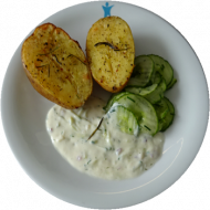 Vegan: Grillkartoffel mit Zaziki-Dip (3,18,49), Gurkensalat