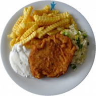 Schweineschnitzel „Toscana“ in würziger Kräuterpanade (19,51,81), Kräuter-Mayo-Dip (9,15,19,81), Pommes frites und Garnitur