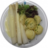 Weißer Spargel an Sauce Hollandaise mit Petersilienkartoffeln (15, 19, 21)