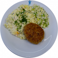 Beefsteak (51,81), Kartoffelsalat nach 'Hausfrauen Art' (9,15,19), Garnitur