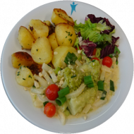 Vegan: Romanesco-Kohlrabi-Ragout, Curry-Kokos-Soße (2,74), Kartoffeln, Garnitur 