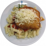 Riesenjägerschnitzel mit Tomatensoße und Pasta (2,3,8,15,21,22,51,81)