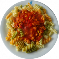 Vegan: 'Chili sin Carne' mit Sojageschnetzeltem (3,18,49) dazu Fusilli (81)