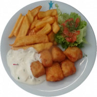'Fish'n Chips' - goldene Seelachsnuggets und würzige Kartoffelspalten (15,16,19,81) mit hausgemachter Remouladensoße (2,3,9,15,21,22,81) und Salatgarnitur (4)