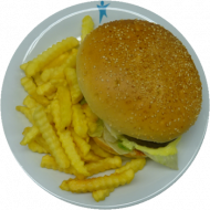 Riesen-Campus-Burger mit Rindfleisch, Salat und Snacksoße belegt, Pommes Frites dazu Dip (9, 15, 19, 22, 23, 51, 52, 81)