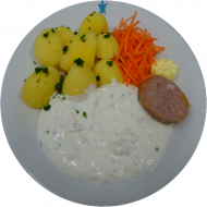 Kräuterquark, Leberwurst, Butter, Petersilienkartoffeln (2, 3, 19, 51), Garnitur