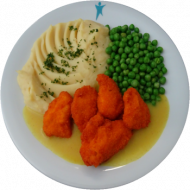 Chicken Crossies (54,81), Currysoße (81), Erbsengemüse, Kartoffelpüree (3,19)