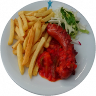 Grillwurst (1,2,3,51) mit Paprikasoße (81) dazu Steakhouse Pommes und Fitness-Salat