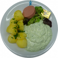 Ruccolaquark mit Leberwurst, Butter und Petersilienkartoffeln (2,3,18,51)