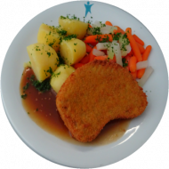Vegan: Sellerieschnitzel (21,81), Bratensoße (81), Möhren-Kohlrabi-Gemüse, Petersilienkartoffeln
