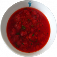 Vegan: Kalte Erdbeer-Aprikosenfruchtsuppe mit Minze (3) dazu Natursauerteigbrot (81,82)