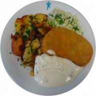 Vegan: Gemüse-Knusperschnitzel (21,81) mit Kresse-Joghurt-Dip (3,18), Bratkartoffeln, Garnitur