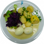 3 Senfeier mit würziger Senfsoße und Petersilienkartoffeln dazu Rotkrautsalat (2,9,15,19,22,81)