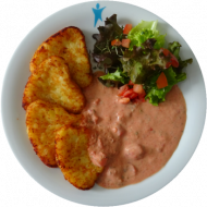 Vegan: Kartoffelröstiecken mit mediterranem Sojajoghurt-Dip (3,18), bunter Salatmix