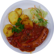 Grillwurst, (1,2,3,51) mit Paprikasoße (81), Schwenkkartoffeln und Fitness-Salat