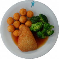 Hähnchenbrustfilet “Formaggio” mit Frischkäse gefüllt (19,54,81), Geflügelsoße (54,81), Brokkoligemüse, Kartoffelbällchen (1,81)