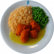 Chicken crossies (54,81), Currysoße (81), Erbsengemüse, gebratener Chilireis