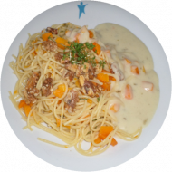 Spaghetti mit Kürbis und Walnusskernen, dazu eine leichte Gorgonzolarahmsoße (19,73,81)
