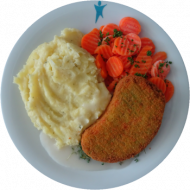Vegan: Gemüse-Knusperschnitzel (21,81,85) mit Kressesoße (81) und Möhrengemüse dazu hausgemachtem Kartoffelstampf