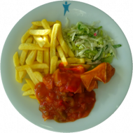 Grillwurst (2,3,4,21,22,51,52) mit Letschosoße (81) und Pommes frites dazu Fitness-Salat