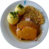 Deftiger Schweinsbraten in Schwarzbiersoße (22,51,81) dazu 2 grüne Klöße (2,3,24) und Bayrisch Kraut (19,51)