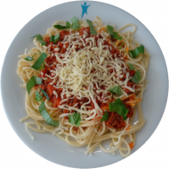 Spaghetti (81) mit Hackfleischsoße 'Bologneser Art' (51) oder Gemüsebolognese (21) dazu geriebener Gouda (19) oder Reiberei (1,2)