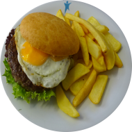 Big Beef´n Egg Burger (180g Rindfleischpatty, Spiegelei, Specialdip und Salat) (2,3,9,15,21,22,23,52,81,83) mit Steakhouse Fries
