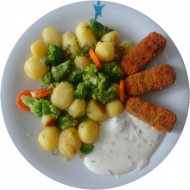 Vegan: Gemüsekroketten 'Gärtnerin Art' (21,81), Kräuter-Sojajoghurt-Dip (3,18), Gemüsepfanne, geschwenkte Kartoffeln