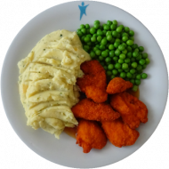 Chicken Crossies (54,81), Geflügelsoße (54,81) und Erbsengemüse dazu Petersilien-Kartoffelpüree (3,19)