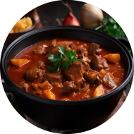 deftige Gulaschsuppe mit Paprika, Kartoffeln und Weizenbrötchen (1,3,21,49,51,81)
