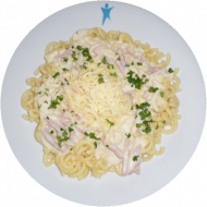 Spaghetti 'Carbonara' m. Schinken-Sahne-Soße (1,2,3,19,51) o. Käse-Sahne-Soße (1,2,19)