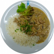 Rahmgeschnetzeltes vom Schwein mit Champignons, zwiebeln und Sahne (19,49,81) dazu gebutterter reis (19) und frisches Obst