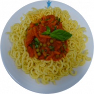 Vegan: Gabelspaghetti (81), Gemüsebolognese (3,21), 1 Mandarine