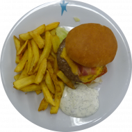 'Americans Best' Burger mit Bacon, Tomate, Cheddar und BBQ-Sauce (1,2,3,5,11,19,21,22,24,48,51,52,81) mit Mayonnaise-Kräuter-Dip (3,9,15,19,21,81) dazu Rustico Frites