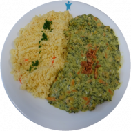 Vegan: Kichererbsencurry mit Spinat und frischen Möhren (3,18,81), Couscous mit Gemüsestreifen (21,81)