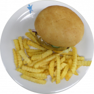 BBQ-Cheeseburger(2,3,15,19,21,22,23,24,52)mit Rindfleisch, Eisberg, Tomate, Gurke und Cheddar,dazu Pommes frites